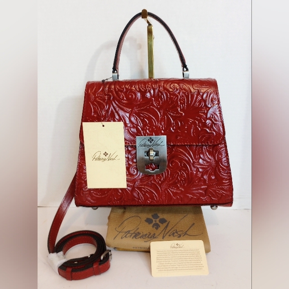 NWT Patricia Nash Chauny Lava Red Tooled Leather Top Handle Crossbody Satchel